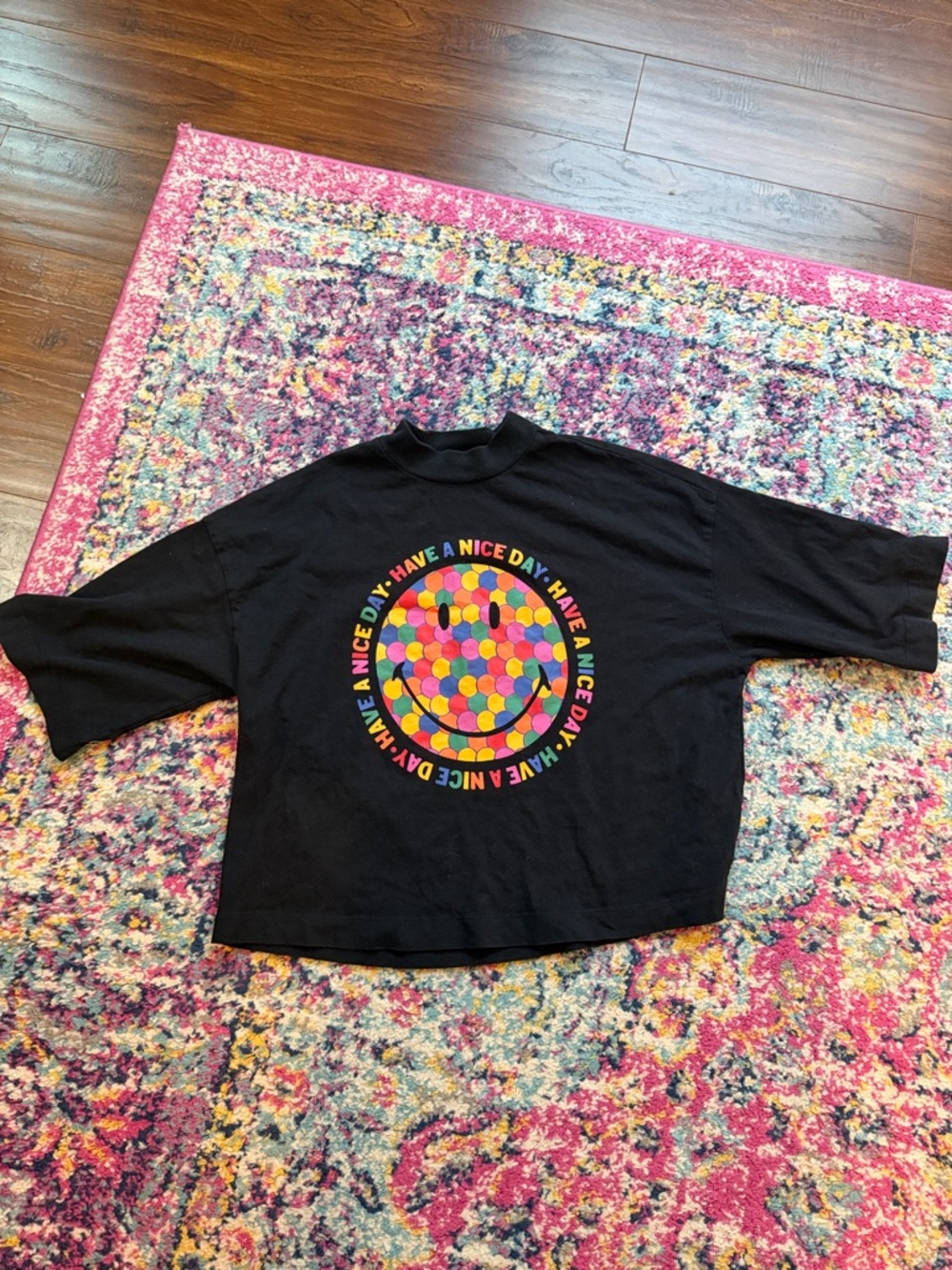 FARM Rio Black Short Sleeve Tee with Multicolor Dot Smile Graphic